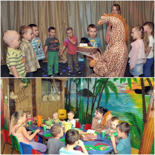 Zdjęcie przedstawiające dzieci bawiące się z animatorem przebranym za żyrafę podczas przyjęcia urodzinowego w Dżungli.